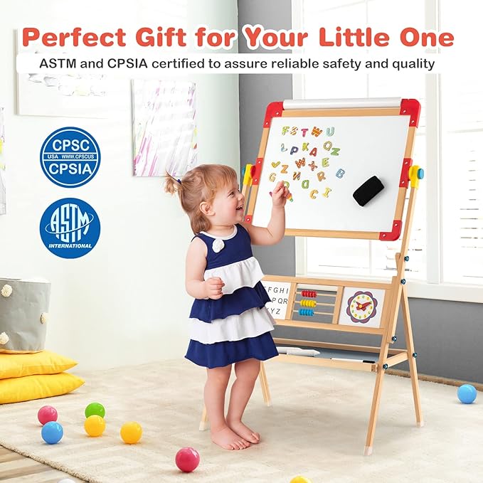 Costzon 3 in 1 Kids Art Easel, 360°Rotating Double-Sided Wood Easel w/Magnetic Whiteboard, Chalkboard & Paper Roll, Large Storage Tray, Alphabet Abacus, Standing Drawing Board for Toddlers Boys Girls