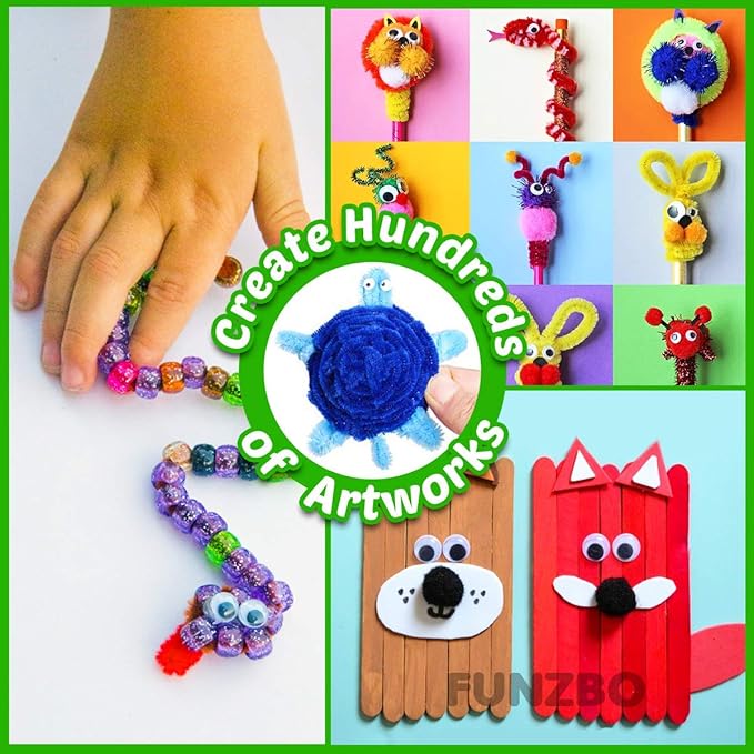 FUNZBO 1200pcs+ Arts and Crafts Supplies for Kids- Craft Kits with St Patricks Day Pipe Cleaners, Pom Poms for Crafts, Popsicle Sticks for Crafts, Crafts for Kids Ages 4-8 Girls & Boys