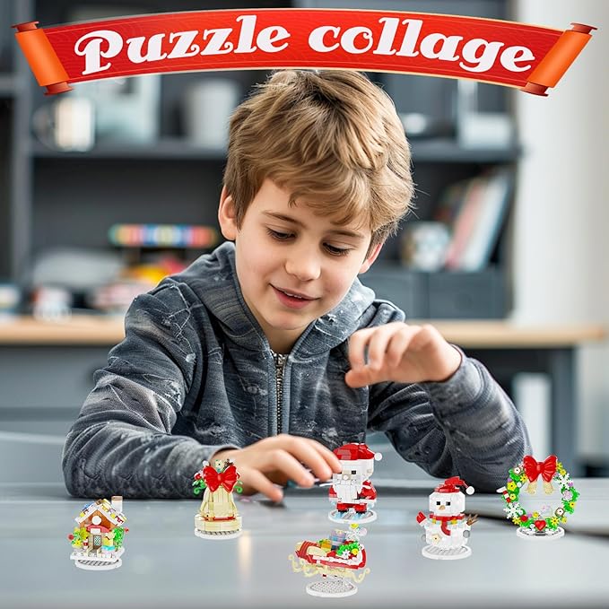 BADHACK 6 Pack - 2024 Christmas Ornaments Micro Building Blocks Sets - Xmas House Santa Claus Snowman Wreath Sleigh Bells Mini Building Toys - Christmas Ornaments for Kids Adults - 1494 PCS