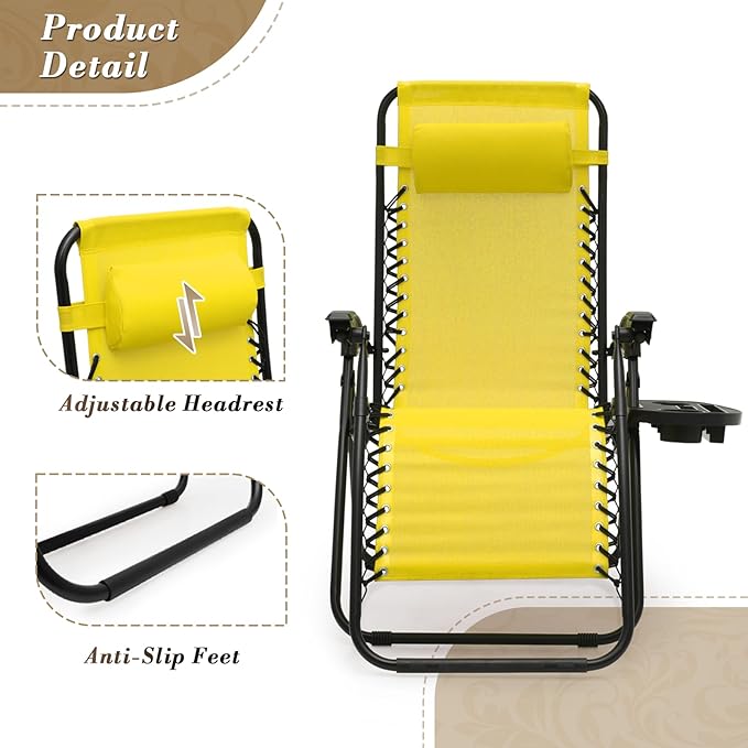 Athena Collection Zero Gravity Outdoor Lounge Chairs Set of 2, 25" Width Pool Lounge Lawn Chairs Reclining with Cup Holder, Outdoor Chaise for Beach Patio Backyard Outside, Yellow