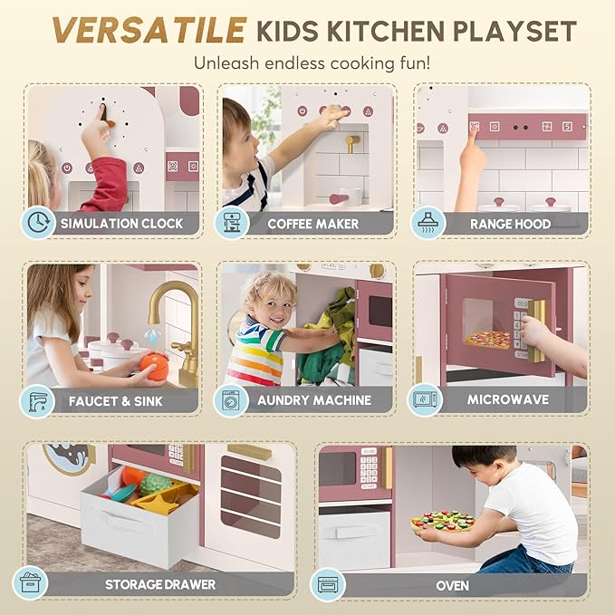 BIERUM Play Kitchen with Realistic Lights & Sounds, Wooden Kitchen Playset Chef Pretend Play Set for Toddlers, Toy Kitchen with 26 Pcs Toy Food & Cookware Accessories, Gift for Ages 3+ (White)