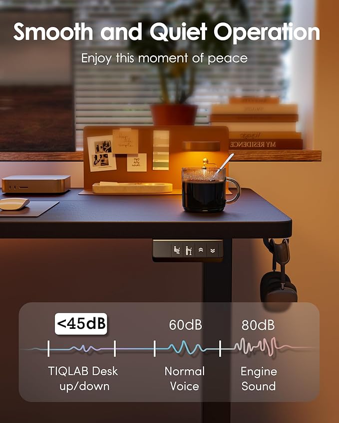 TIQLAB Standing Desk 47 x 24 inch, Electric Height Adjustable Desk with Splice Board, Stand Up Desk, Sit Stand Computer Desk for Home Office, Black Frame/Black Top