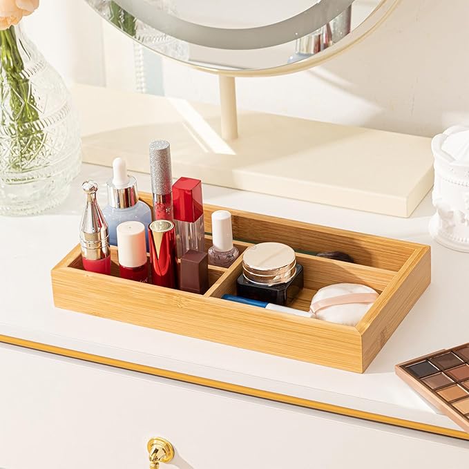 Weysat Irregular 4 Slots Bamboo Wood Desk Drawer Organizer 11"x6" Office Desk Organizer Tray Drawer for Office Supplies Makeup Jewelry Vanity