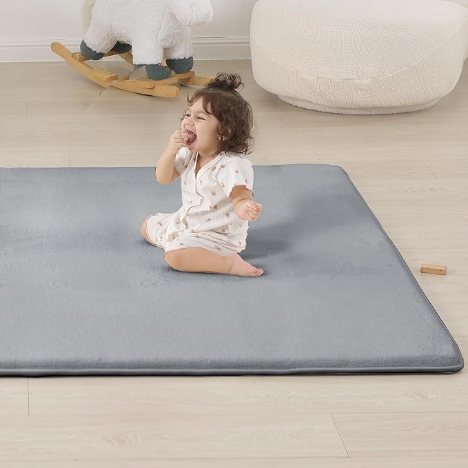 1.3" Thick Baby Floor Play Mat 59x71, Basic Padded Foam Mat for Tummy Time Crawling, Non Slip Cushioned for Babies Toddlers Infants Kids (Light Grey)