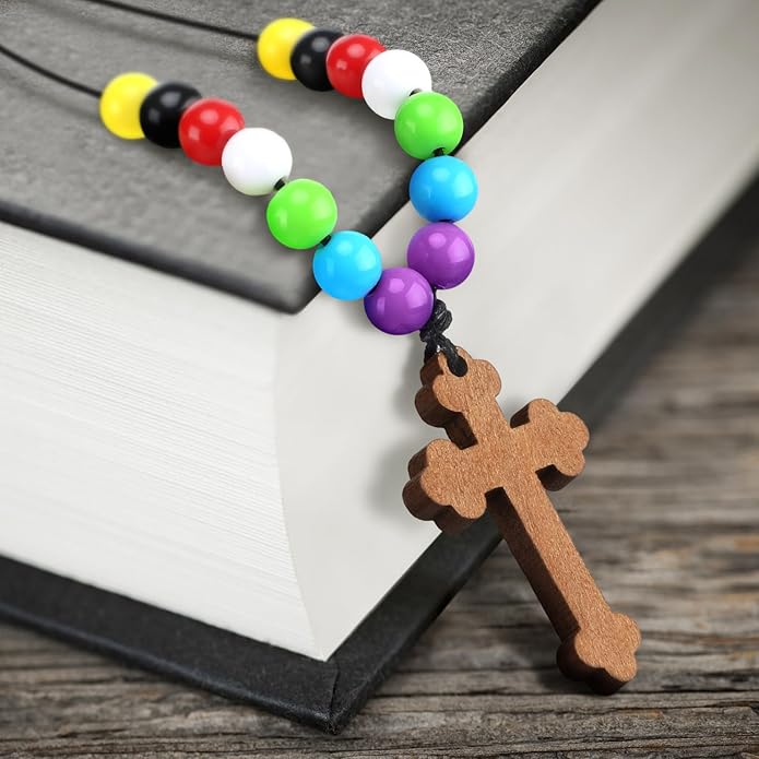 16 Set DIY Wooden Cross Necklaces Christian Crafts DIY Cross Necklace with Colorful Assorted Beads for Sunday Crafts Men Women