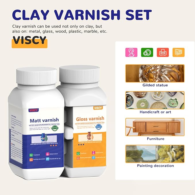 240ml Air Dry Clay Glaze, Clay Paint for Pottery Air Dry, Clay Paint High Gloss, Anti-Scratch, Waterproof, Clay Glaze Set with 120ml Matte Varnish and 120ml Gloss Varnish, 2 Brushes.