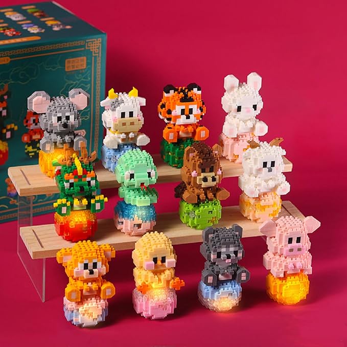12 Mini Animals Building Blocks Sets Building Block Party Favor for Kids Small Zodiac Animals Pets Horse Dog Monkey Tiger Rabbit Dragon STEM Educational Toys for Boys Girls(Chicken)