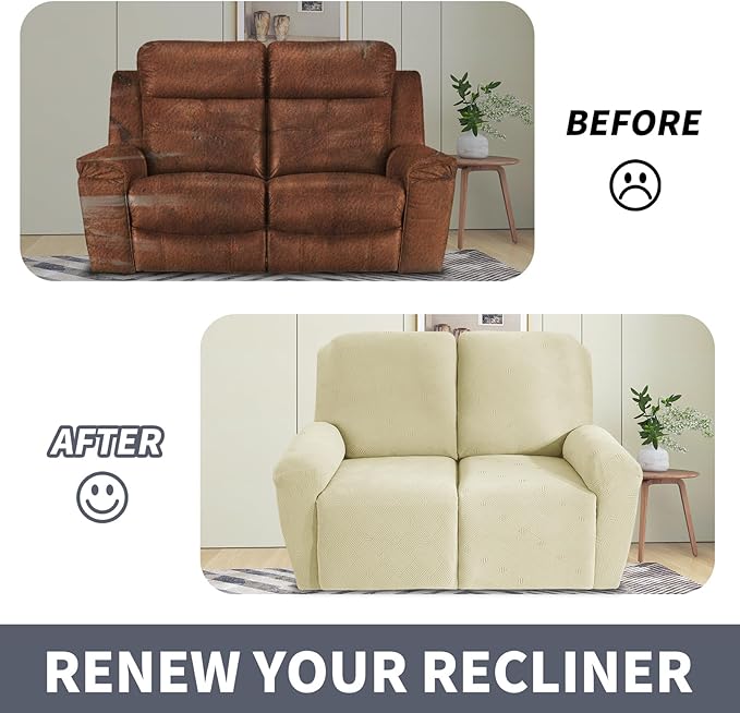 JIVINER Loveseat Recliner Covers, Jacquard 4 Piece Recliner Sofa Cover with Pockets Washable Lazy Boy Reclining Couch Protector with Elastic Bottom (Recliner Loveseat, Beige)