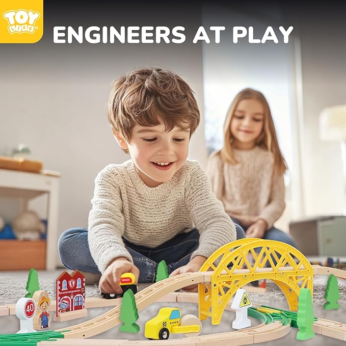 TOY Life Train Set 60pcs Wooden Train Set with Crane, Wooden Train Tracks Toy Train Set for Toddlers 3 4 5, Wooden Toys Toddler Train Set Gift for Kids 4-8, Fits Thomas Brio Melisa Train Track Set