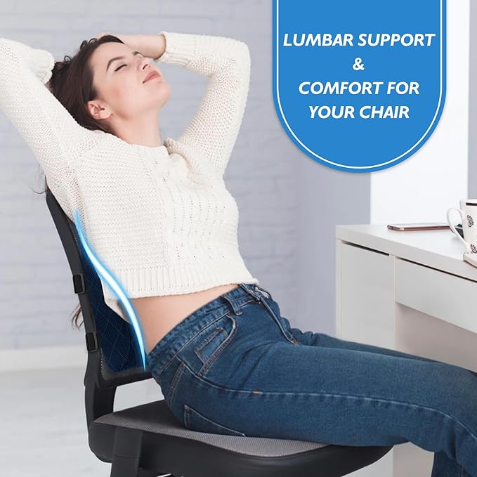 Lumbar Support Pillow for Office Chair Back Support Lumbar Pillow for Car, Gaming, Office Chair - Improve Sitting Posture & Back Pain Relief, Memory Foam, Adjustable Straps, Blue