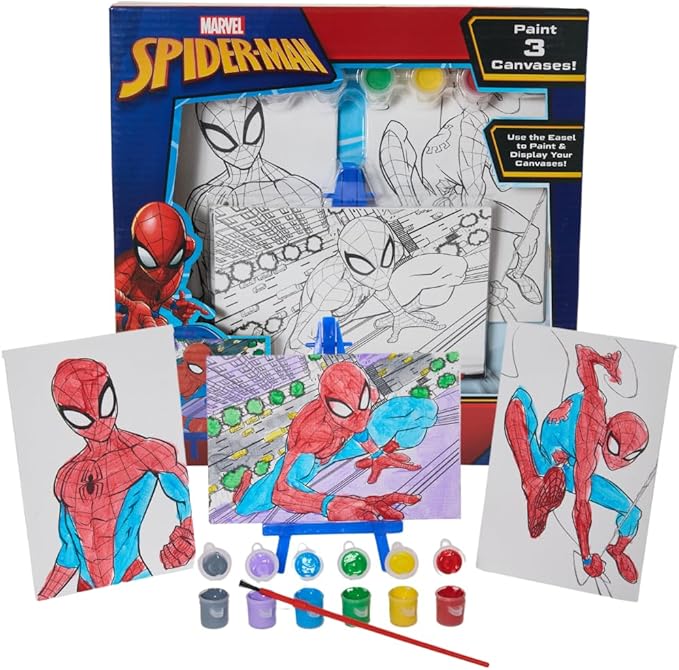Innovative Designs Marvel Spiderman Canvas Paint Set for Kids with 3 Canvases, Acrylic Paint, Paintbrush, & Easel