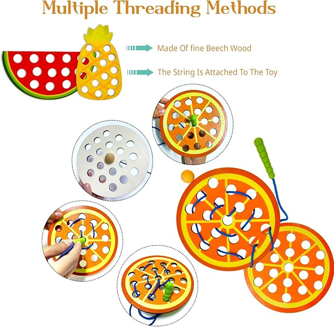 ECam 6 Pcs Lacing Toy for Toddlers, Wooden Threading Toys, Educational and Learning Montessori Activity for Baby and Kids, Fine Motor Skill Toys, Apple Pear Strawberry Watermelon Orange Pineapple