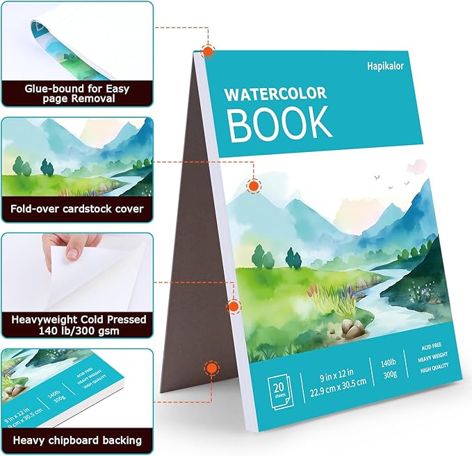 Hapikalor 2-Pack 9"x12"Watercolor Paper Pad, Bulk School Supplies for Kids, Teacher Classroom Must Have, Art Watercolor Paper, Arts & Crafts, Watercolor Pad for Finger Paint, Watercolor Pens, Teal