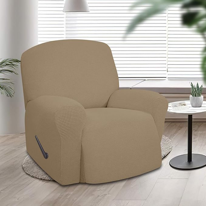 Easy-Going Recliner Stretch Sofa Slipcover Sofa Cover 1 Piece Furniture Protector Couch Soft with Elastic Bottom Kids,Polyester Spandex Jacquard Fabric Small Checks(Oversize Recliner,Tan)