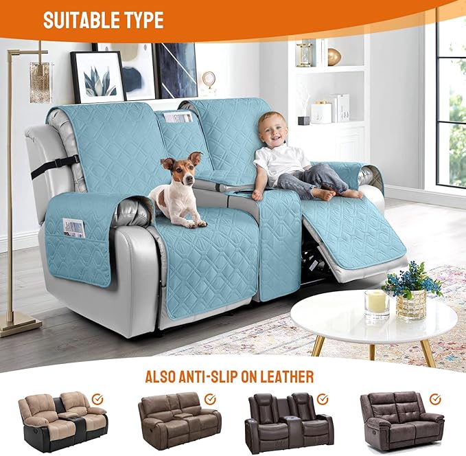 VANSOFY Loveseat Recliner Cover with Console 100% Waterproof Sofa Slipcovers Non-Slip Reclining Couch Cover Split Sofa Covers Furniture Protector for Pets, Dogs(Azuree)