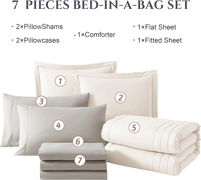Monbix Queen Comforter Set - 7 Pieces Snow White Bed in a Bag Queen Bedding Sets with Comforters, All Seasons Comforter Bed Set with Sheets, Pillowcases & Shams