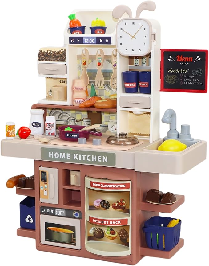 Kids Kitchen Playset, Mini Interactive Kids Kitchen Toys with 50Pcs Kitchen Accessories, Realistic Lights&Sounds, Simulation of Spray and Play Sink, Suitable for Toddlers Age 3+ Boys and Girls (Blue)