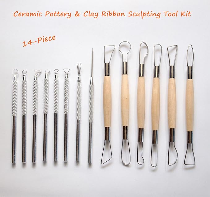 Artzuvs 14Pcs Ceramic Pottery Clay Ribbon Sculpting Tools Kit Wire Texture and Needle Detail Tool with Plastic Box for Carving, Modeling,Sculpture,Trimming