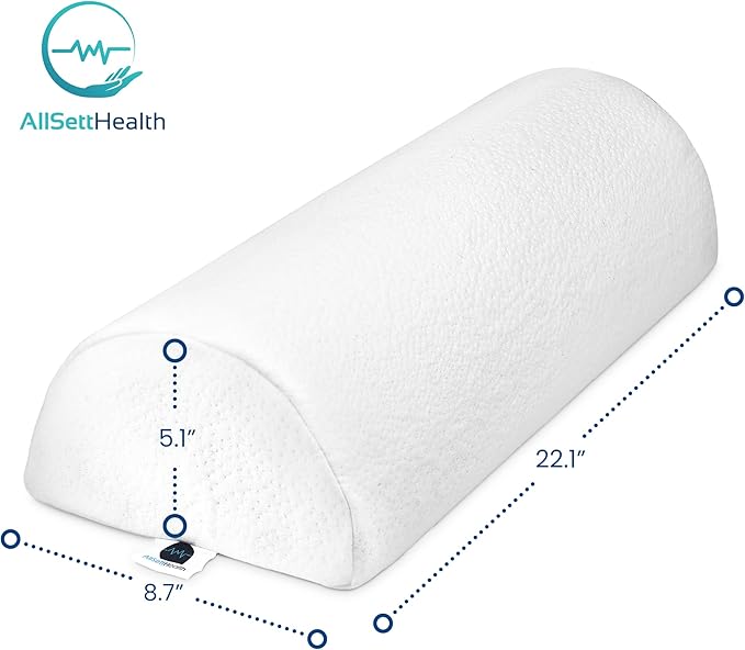 AllSett Health Half Moon Bolster Pillow for Legs, Back and Head (2 Pack) Semi Roll for Ankle and Foot Comfort with White Cotton Machine Washable Cover | Premium Memory Foam | 2 Pillow System