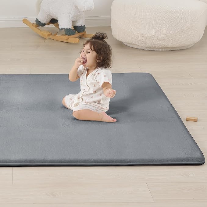 1.3" Thick Baby Floor Play Mat 59x79, Basic Padded Foam Mat for Tummy Time Crawling, Non Slip Cushioned for Babies Toddlers Infants Kids (Dark Grey)