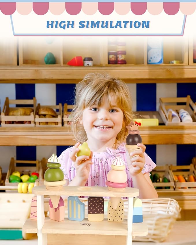 Ice Cream Toys for Toddlers 3-5, Wooden Ice Cream Stand for Kids, Popsicle Toys Ice Cream Set, Kids Ice Cream Shop Playset, Ice Cream Truck Toy Gift for Girl Boy 3 4 5 Years, Wooden Play Food Set
