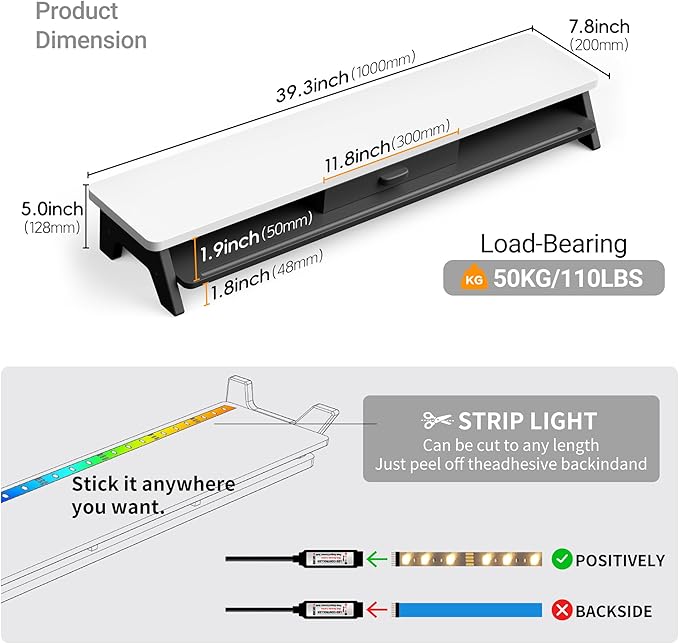 AFOOYO Dual Monitor Stand Riser,LED 2-Tier 39.3 Inch Computer Monitor Stand for 2 Monitors,Office Desktop Organizer with Storage Drawer and Phone Holder for Laptop,PC,Computer,Printer,White