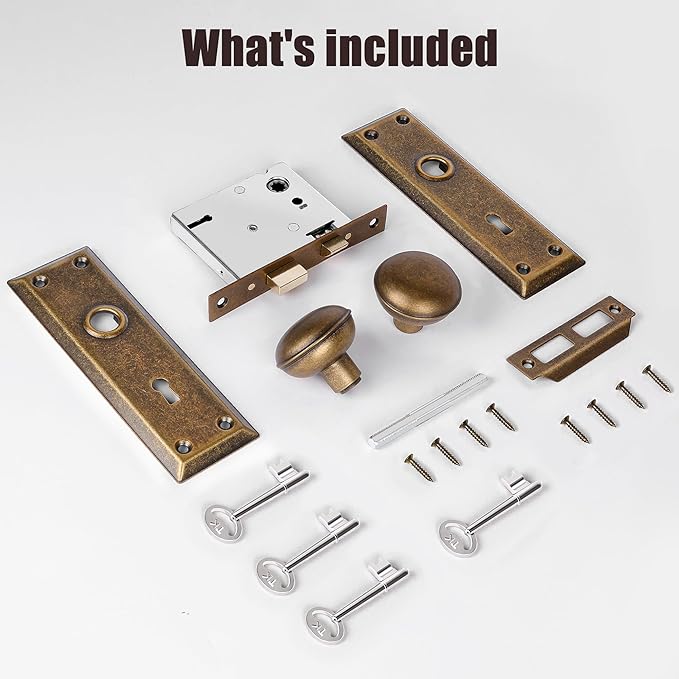 3 Pack Mortise Lock Set for Interior Door, Vintage Door Knobs with Lock and Skeleton Key, Antique Brass Door Knobs for Old Style Doors