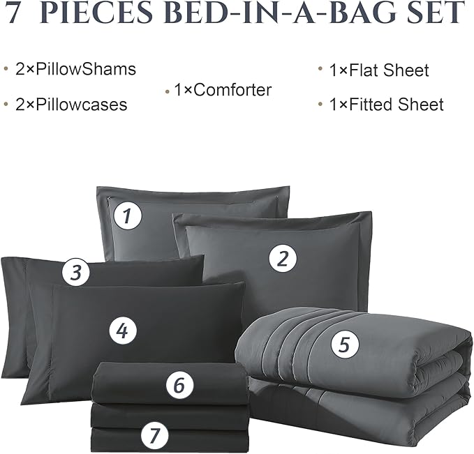 Monbix California King Size Comforter Set - 7 Pieces Bed in a Bag California King, Grey Bedding Sets with Comforter, All Seasons Comforter Bed Set with Sheets, Pillowcases & Shams