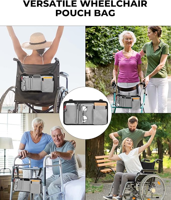 JOYTUTUS Walker Side Bag, Wheelchair Armrest Storage Pouch with Cup Holder, Wheelchair Accessories for Seniors, Walker Bag Cup Holder for Walker, Rollator, Electric Scooter or Wheelchair