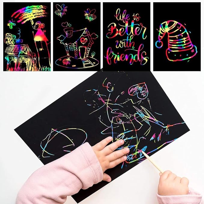 52 Pcs Rainbow Scratch Paper Art Set 8.3" x 11.02" Black Scratch Off Big Size Art Book Crafts Kit Ideal for Kids DIY Party Favors Game Activities Birthday and Christmas Gifts (SP862)