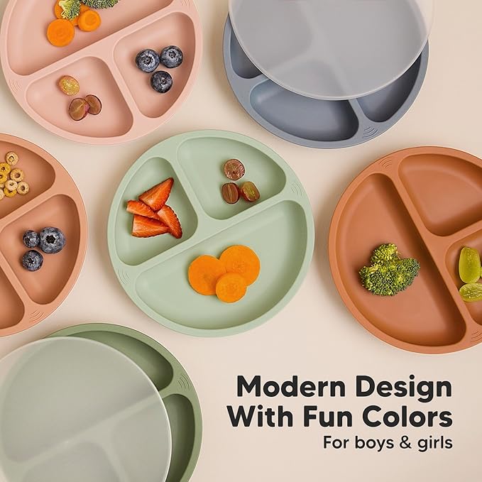 KeaBabies Suction Plates with Lids for Baby - 3-Pack 100% Silicone Suction Plates for Baby, Kids,Toddler Plates,Divided Baby Plates with Suction,Lids, BPA-Free, Microwave, Dishwasher Safe (Popsicle)
