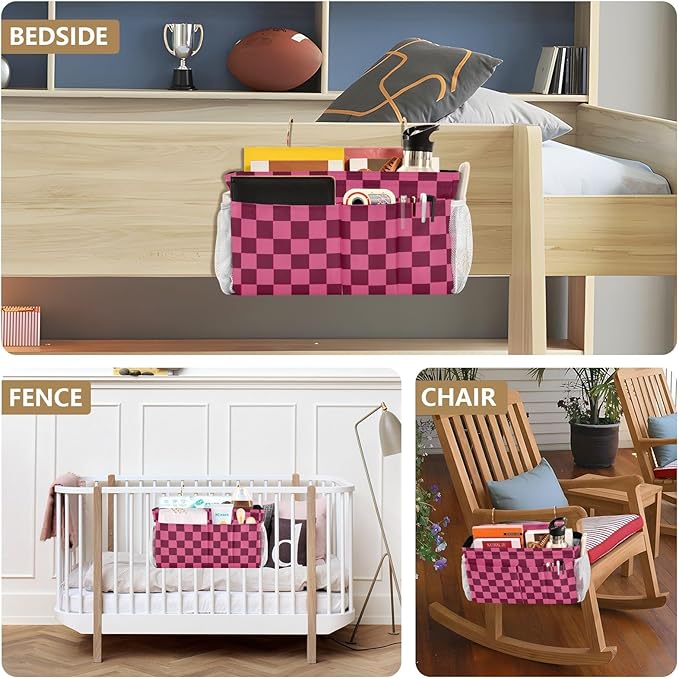 Checkered Hot Pink Bedside Caddy for Dorm Bed Bedside Hanging Caddy Bag Iron Frame Storage Organizer Pocket for Bunk Home College Hospital Beds 2 Hooks