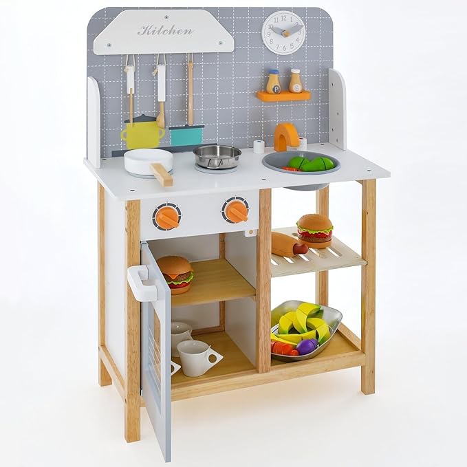 Kids Kitchen Playset, Wooden Play Kitchen with Sink, Stove, Oven, Dish Rack, Storage Cabinet, Cooking Accessories, Little Chef Pretend Play Toy Kitchen Set Gift for Toddler, Boys, Girls