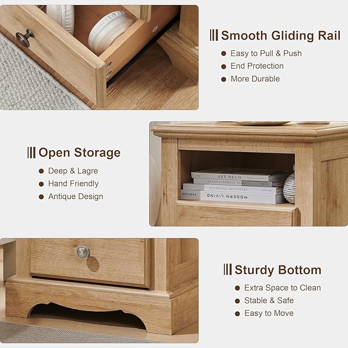 T4TREAM Nightstand with Charging Station, 18 Inch Vintage End Table with 2 Drawers, Wood Rustic Sofa Side Table with Open Storage Shelf for Bedroom, Living Room, Natural Oak