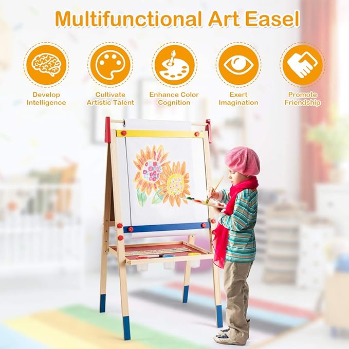Costzon 3 in 1 Kids Art Easel with Paper Roll, Double Sided Dry Erase Chalkboard & Whiteboard, Height Adjustable Standing Easel with Storage, Painting Accessories, Magnetic Drawing Easel for Toddlers