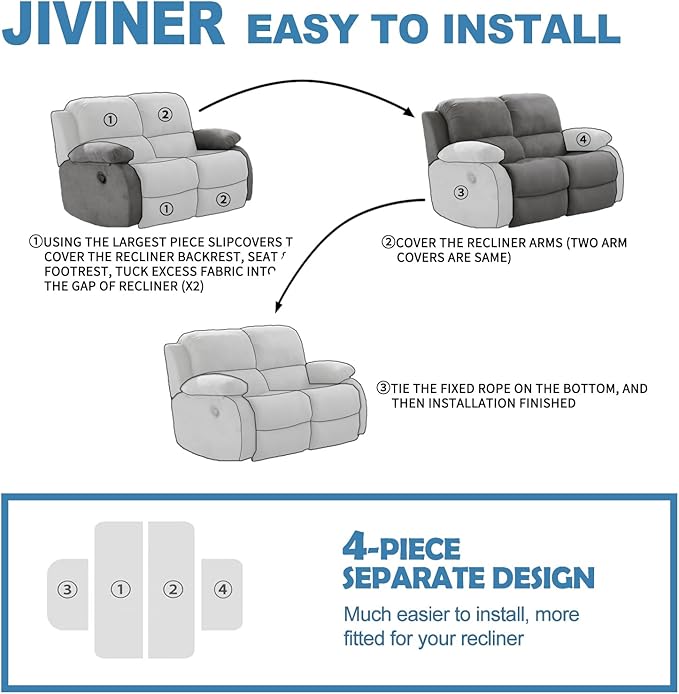 JIVINER 4 Pieces Recliner Loveseat Covers Stretch Recliner Sofa Slipcover with Elastic Bottom Jacquard Fitted Reclining Couch Cover Furniture Protector with Pockets (2 Seater, Navy Blue)