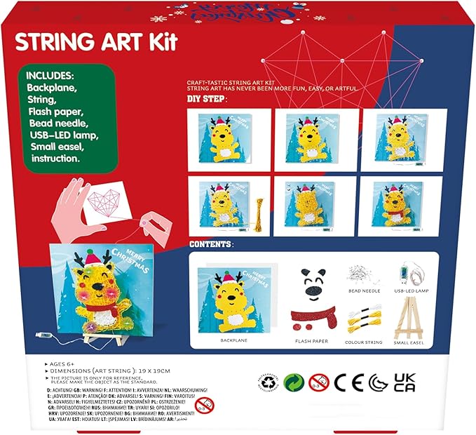 eirix Christmas Elk String Art Craft Kit with USB Plug-in LED String Lights Inside and Small Easel, Xmas Holiday DIY Toys Gifts for Kids 6+ (ELK-Yellow)