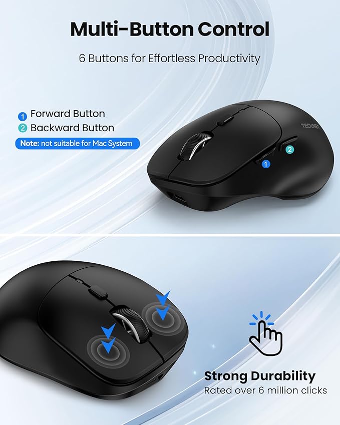 TECKNET Wireless Mouse Bluetooth 5.0/3.0 & 2.4G Rechargeable, Silent Clicks, Adjustable 4800 DPI, 6 Buttons, Ergonomic Design, Bluetooth Mouse for Laptop, Computer, ipad
