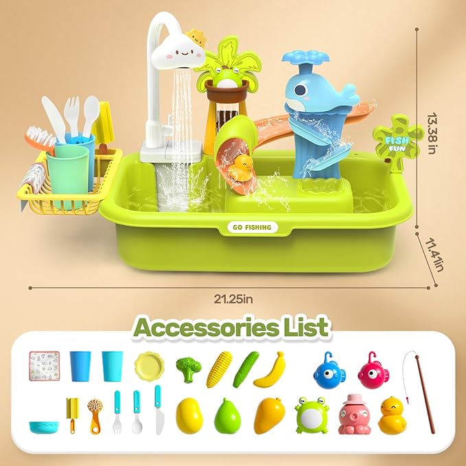 HOLYFUN Play Sink with Running Water, Kitchen Sink Toys with Upgraded Electric Faucet, Water Slide Track, Baby Dishwasher, Kids Fishing Toys, Role Play Sink Toy for Toddler Boys and Girls