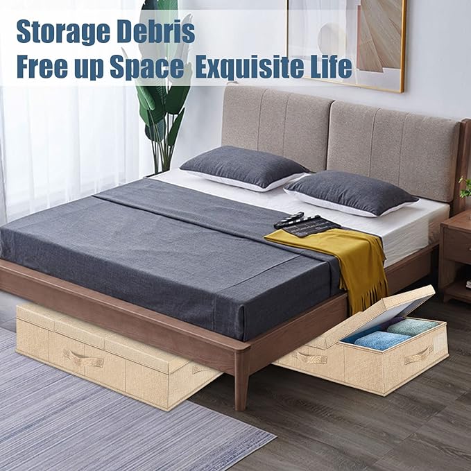 Underbed Storage Containers Bin with Lids (Set of 2) Large Under Bed Storage Organizer Box with Handle, Foldable Under the Storage Bags for Organizing Clothes, Shoes, Blankets, Pillows-Khaki