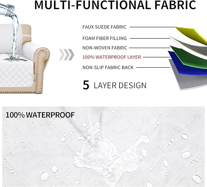 Easy-Going Sofa Slipcover Loveseat Cover Waterproof Couch Cover Washable Sofa Cover for 2 Cushion Couch Non-Slip Fabric Furniture Protector with Pocket for Pets Kids Dog Cat (Loveseat, White)