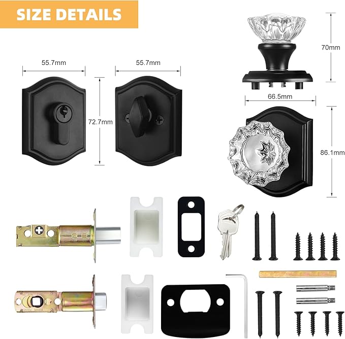 Crystal Glass Passage Door Knob and Single Cylinder Deadbolt Combo Set, Matte Black Finish
