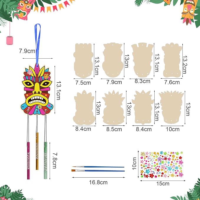 Fennoral 9 Pack Wind Chime Kit for Kids Make Your Own Tiki Wind Chime Wooden Arts and Crafts for Girls Boys DIY Coloring Hawaii Craft for Hawaii Summer Aloha Party Supplies Luau Party Decoration