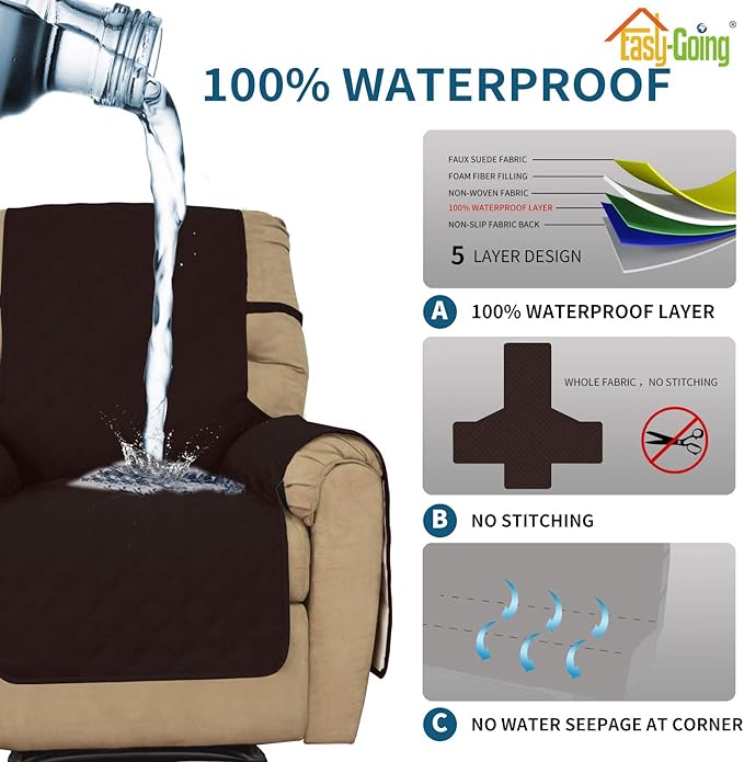 Easy-Going Sofa Slipcover Waterproof Oversized Recliner Chair Cover Non-Slip Fabric Couch Cover for Living Room Washable Furniture Protector for Pets Kids Children (Oversized Recliner, Chocolate)