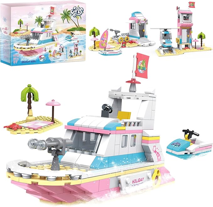 3in1 Girls Boat Cruise Ship Building Sets Friends Beach House Rescue Helicopter Building Kits Summer Holiday Adventures STEM Building Toys Creative Play Set Gift for Kids Aged 6-12, 351 Pieces