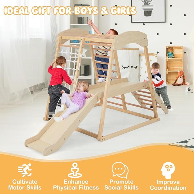 Costzon Indoor Jungle Gym, 6-in-1 Montessori Climbing Toys for Toddlers with Slide, Climbing Net, Monkey Bars, Wooden Playground Climber Playset for Kids Gifts Presents