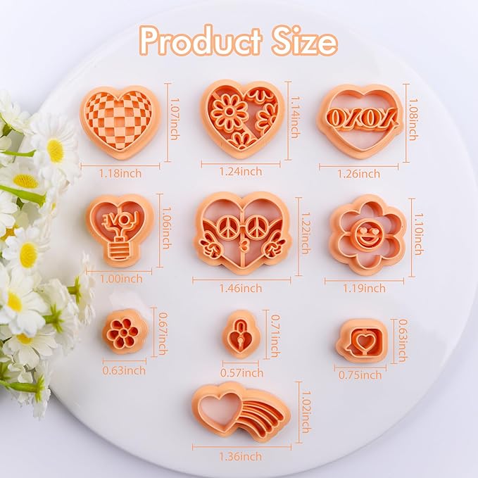 Puocaon 70s Valentines Clay Cutters - 10 Pcs Clay Cutters for Polymer Clay Jewelry Making, Vintage Disco Heart Shape Polymer Clay Jewelry Cutters, Bulb Lock Daisy Flower Clay Cutters for Earrings