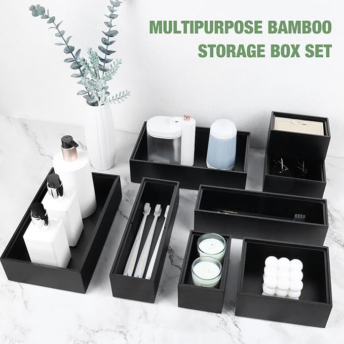 Bamboo Drawer Organizer Set, 8 PCS Multi-Use Wood Drawer Storage Boxes, Junk Drawer Organizer Divider Bins for Kitchen, Bathroom, Office Desk, Makeup, Jewelry, Utensils
