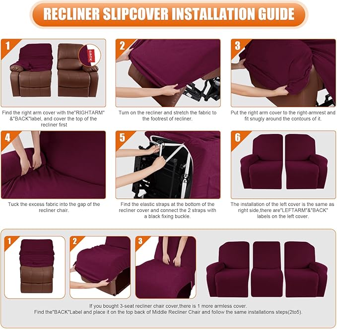 VANSOFY Recliner Cover, 3-Pieces Stretch Reclining Couch Covers with Pockets Reclining Sofa Slipcovers 3 Seater Soft Washable Furniture Protector for Dogs Cats(Burgundy)