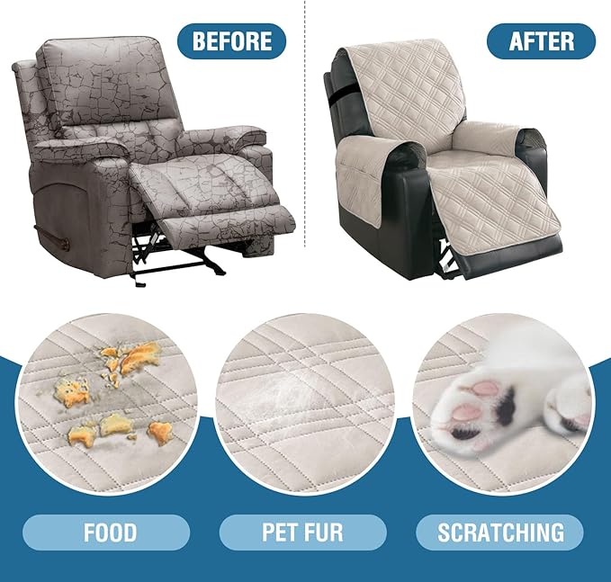 H.VERSAILTEX 100% Waterproof Recliner Chair Cover Reclining Couch Covers for Electric Power Lift Recliner Furniture Protector with Elastic Straps for Kids,French Oak/Beige